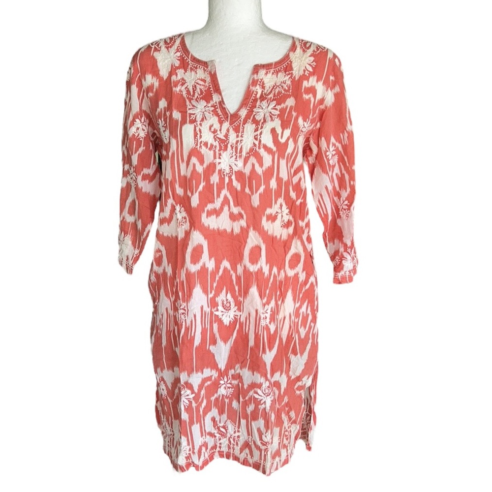 Gretchen Scott Coral Ikat Printed Embroidered Tunic Mini Dress / Top - S